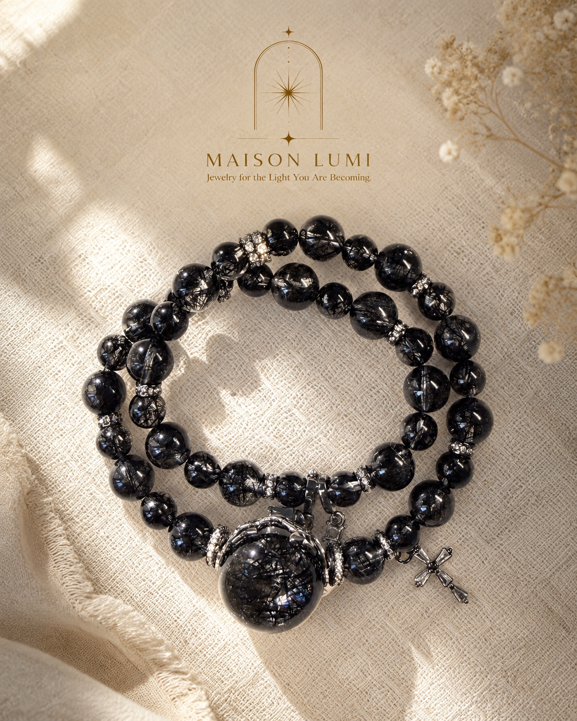 Natural Black Rutilated Quartz Double Bracelet, Protection Healing Crystal 天然黑发晶双链手链 护身能量水晶