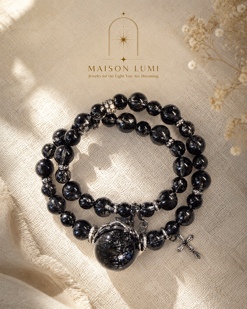 Natural Black Rutilated Quartz Double Bracelet, Protection Healing Crystal 天然黑发晶双链手链 护身能量水晶