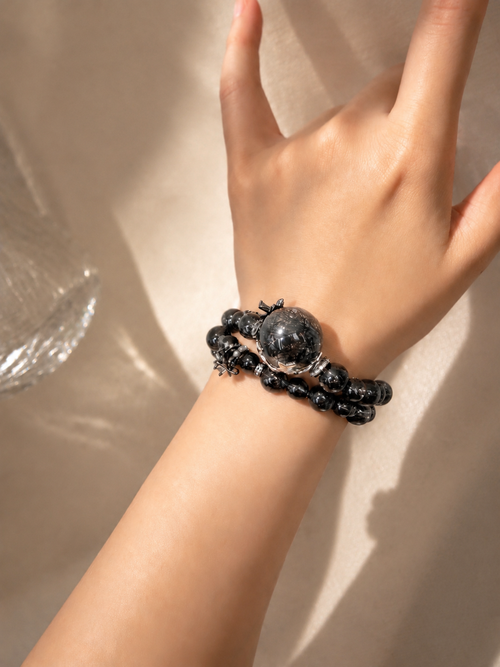 Natural Black Rutilated Quartz Double Bracelet, Protection Healing Crystal 天然黑发晶双链手链 护身能量水晶