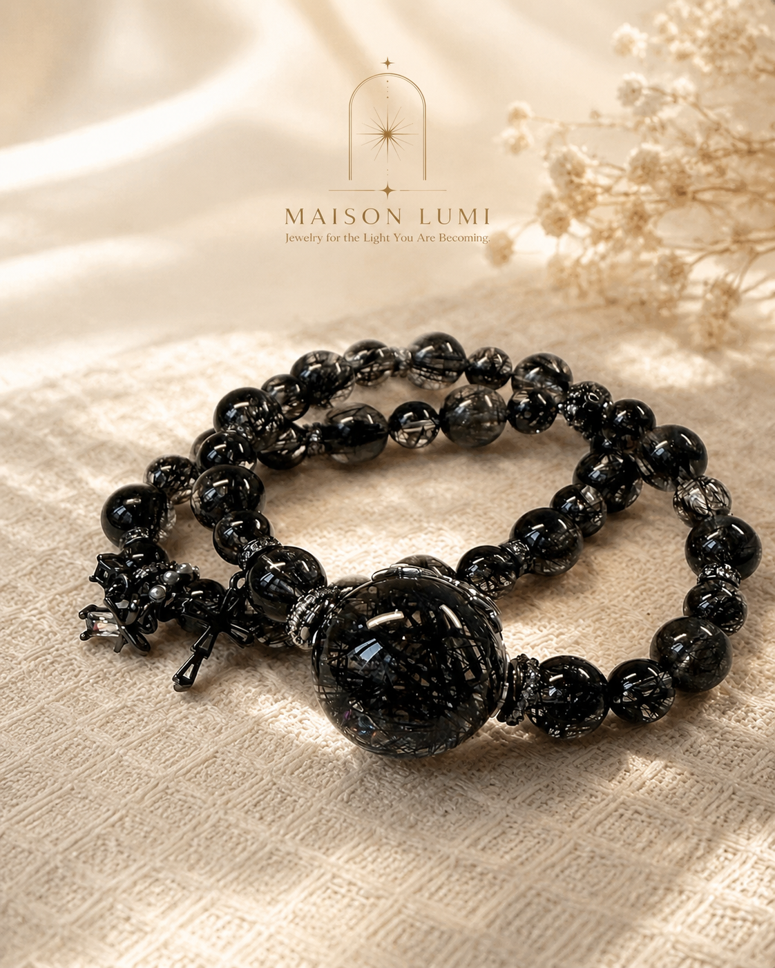 Natural Black Rutilated Quartz Double Bracelet, Protection Healing Crystal 天然黑发晶双链手链 护身能量水晶
